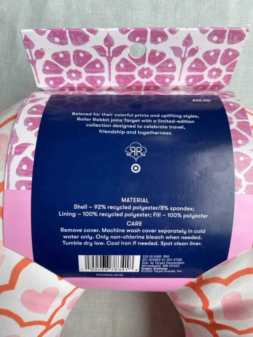 NWT Roller Rabbit x Target geo hearts pink white travel neck pillow